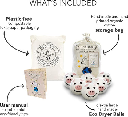 Friendsheep Wool Dryer Balls 6 Pack XL Organic Premium Reusable Cruelty Free Handmade Fair Trade No Lint Fabric Softener Pig - Piggy Band