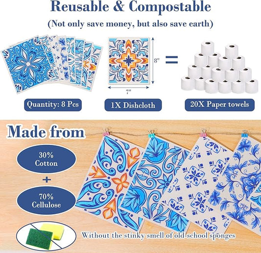 Lucomb 8 Pack Swedish Dish Cloths for Kitchen Reusable, Cellulose Sponge Cloths Swedish Dish Rags Washable Paper Towels Cloth Quick Dry Non-Scratch for Washing Dishes Home Counter Wipe