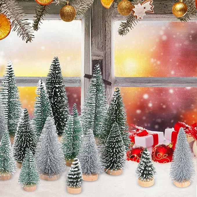 DearHouse 30PCS Artificial Mini Christmas Trees, Mini Pine Tree Sisal Trees with Wood Base Bottle Brush Trees for Christmas Table Top Decor Winter Crafts Ornaments (Silver, 30)