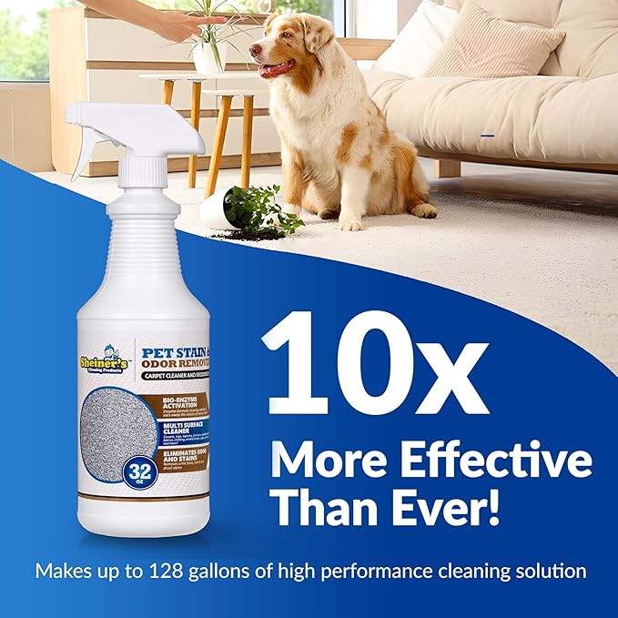 Sheiner's Pet Stain & Odor Remover, Professional Strength Bio-Enzyme Powered Carpet Cleaner, and Spot Eliminator, for Dogs, Cats, Small Animals and Pets, 32 Oz Spray