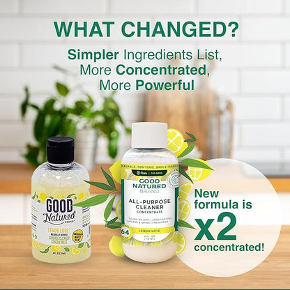 Good Natured Brand All-Purpose Cleaner Concentrate + 16 oz Bottle | Multi-Surface Cleaner | Natural Lemon Essential Oil | Multipurpose Cleaner All Surfaces | Lemon Love | 4oz makes 64oz