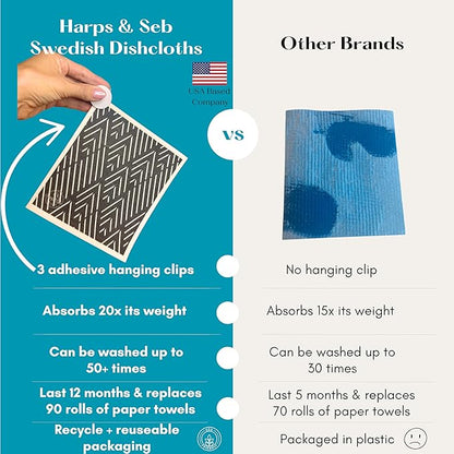 Harps&Seb Swedish Dishcloths for Kitchen - 6 Pack, Reusable Paper Towels with Clips, Super Absorbent Washable Non-Scratch Swedish Dish Towels, No Odor, Biodegradable