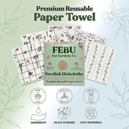 FEBU Swedish Dishcloths for Kitchen | 5 Pack Vintage Kitchen Reusable Paper Towels Washable | Swedish Dish Towels | Non-Scratch Cellulose Sponge Cloths | No Odor, Biodegradable Cleaning Cloths