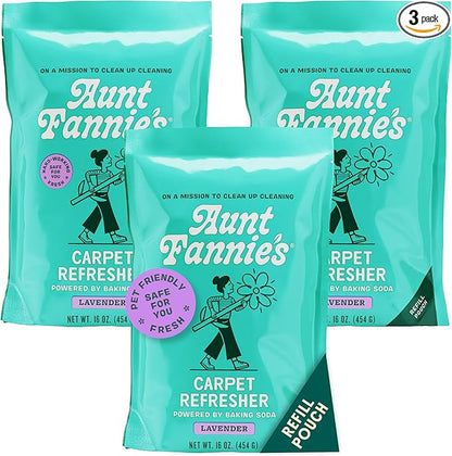 Aunt Fannie's Carpet Refresher & Deodorizer Powder, Multi-Purpose Carpet, Rug, and Upholstery Odor Eliminator for Homes with Cats & Dogs, Lavender Scent, 16 oz Refill, Pack of 3