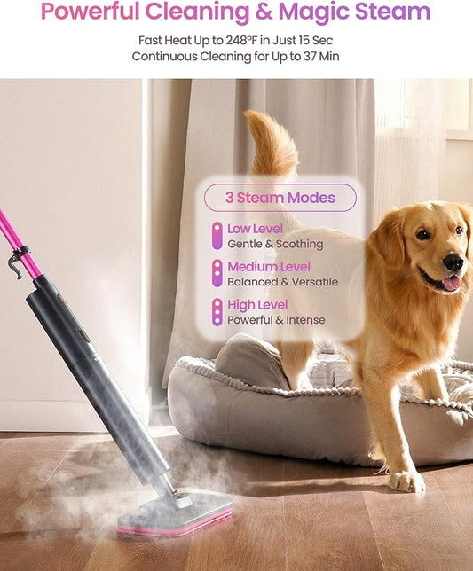 Schenley Steam Mop Cleaner Powerful - 15s Fast Heat-Up, Chemical-Free for Hardwood/Tile/Laminate & Floors/Walls, Washable Pads, 3 Modes for Carpet, Lightweight, Self-Standing, Sleek Design