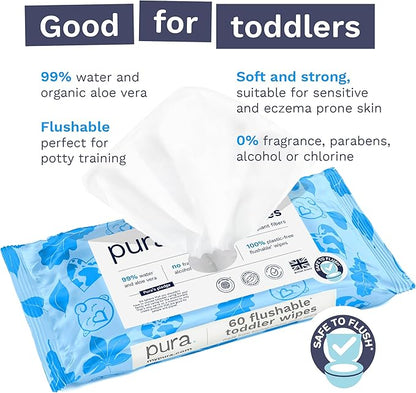 Pura Flushable Toddler Wipes 3 x 60 Wipes (180 Wipes), 100% Plastic Free, 99% Water, Hypoallergenic & Fragrance Free, Totally Chlorine Free, Kids Toilet Wipes, Potty Training