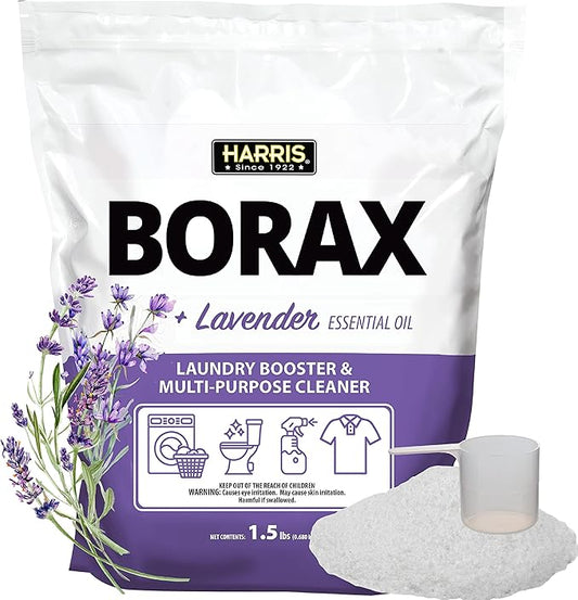 Harris Borax Powder Hard Water Laundry Booster and Multi-Purpose Cleaner, 1.5lb, Pure Essential Oils, No Artificial Fragrance (Lavender)