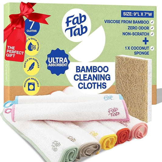 FABTAB High-Performance Bamboo Cleaning Cloths - 7 Pack Reusable & Super Absorbent Towels for Household, Kitchen, and Auto Care | Ideal for Dusting and Vehicle Detailing (Embroidered)