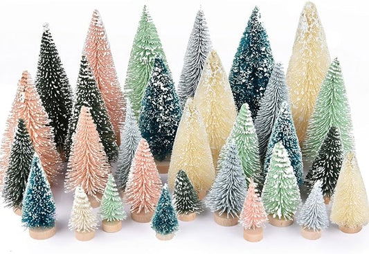 DearHouse 30PCS Artificial Mini Christmas Trees, Mini Pine Tree Sisal Trees with Wood Base Bottle Brush Trees for Christmas Table Top Decor Winter Crafts Ornaments (Pink, 30)