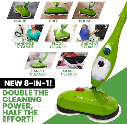H2O MOP® X5 Dual Buff Steam Mop, 8 in 1 Handheld Steam Cleaner For Kitchen Tile Floors, Hardwood Floors, Grout Cleaner, Upholstery Cleaner and Carpets, 2 washable scrub pads, 11 cleaning accessories