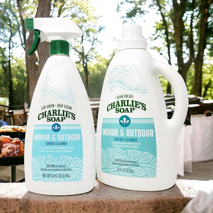 Charlie's Soap Indoor & Outdoor Surface Cleaner Refill (107 Fl. Oz.) Biodegradable Natural Outdoor Cleaning Spray – Safe for Indoor Use (2 Pack - One 32oz Sprayer and One 75oz Refill)