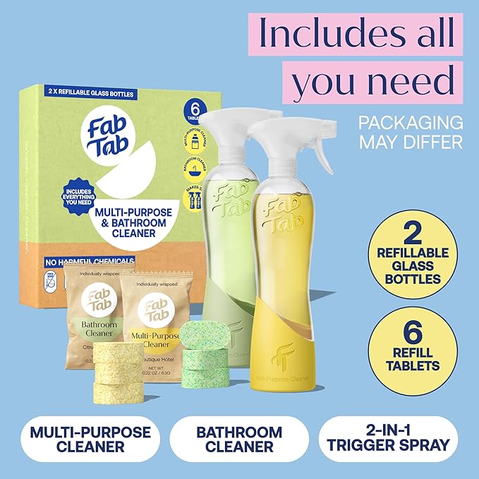 Tablet Cleaner, Multi-Purpose & Bathrom Cleaner for Eco-Concious Cleaning, Non Harmful & Chemical-Free Formula, Convenient Refills with 2 Glass Bottles, Luxury Hotel Scent (6 Refill Tablets)