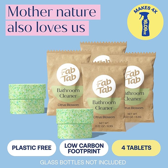 Bathroom Cleaning Spray Refill Tablets - All-Purpose Cleaner Spray Tablets - Natural Cleaning Products - Plant-Based - Citrus Scent- No Harsh Chemicals - 4 tablets (bottle not included)