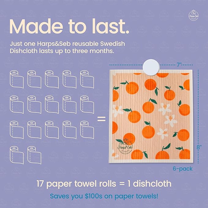 Harps&Seb Swedish Dishcloths for Kitchen Dish Towels - 6 Pack, Reusable Paper Towels with Clips, Super Absorbent Washable Non-Scratch Swedish Dish Towels, No Odor, Biodegradable