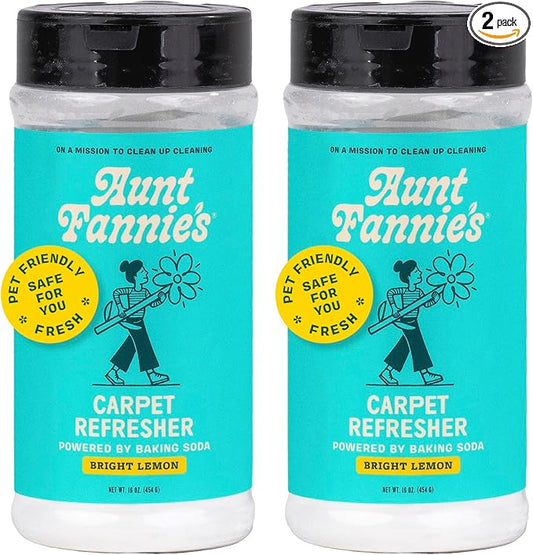 Aunt Fannie's Carpet Refresher & Deodorizer Powder, Multi-Purpose Rug, Carpet, and Upholstery Odor Eliminator for Homes with Cats and Dogs, Bright Lemon Scent, 16 Oz (Pack of 2)