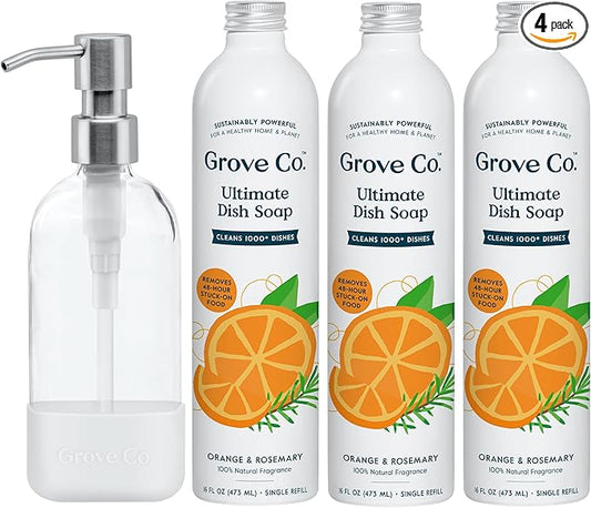 Grove Co. Ultimate Dish Soap Refills (3 x 16 Fl Oz) + Refillable Glass Dish Soap Dispenser for Kitchen Sink with Non-Slip Silicone Sleeve, Plastic Free Cleaning Products, Orange & Rosemary