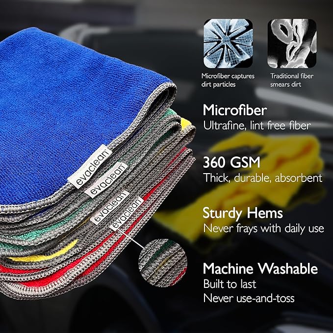 EvaClean Premium Microfiber Cleaning Cloth 16"x16" - Reusable, Washable, Non-Scratch, Microfiber Towels for Cleaning, Dusting, Polishing, High Absorbency & Durability, Red, 12-Pack