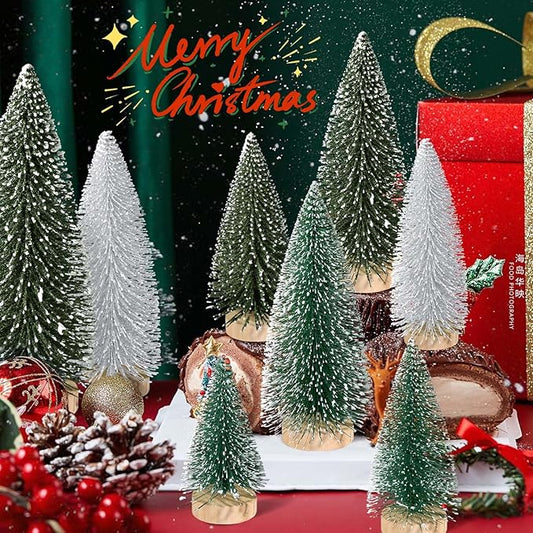 9pcs Mini Christmas Tree Desktop, Artificial Christmas Pine Tree, Mini Bottle Brush Trees Tabletop, Small Sisal Trees with Wooden Bases, Xmas Holiday Decor (Dark Green-Green-Silver)
