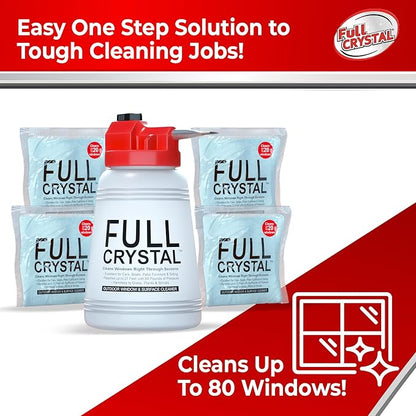 Full Crystal Window Cleaning Kit- 1 LB Glass Cleaner and Bottle with 27ft Reach will clean up to 80 Windows- Scrub Free, Rinse Free Glass Cleaner Spray Removes Dirt, Grime and Water Deposits