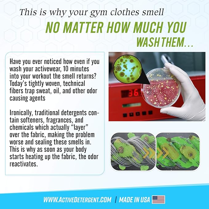 Active Wear Laundry Detergent & Soak - Formulated for Sweat and Workout Clothes - Natural Performance Concentrate Enzyme Booster Deodorizer - Powder Wash for Activewear Gym Apparel (90 Loads)