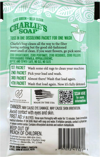 Charlie's Soap Hypoallergenic Unscented Laundry Packets Travel Size, Pack of 2 (8 Total Loads)