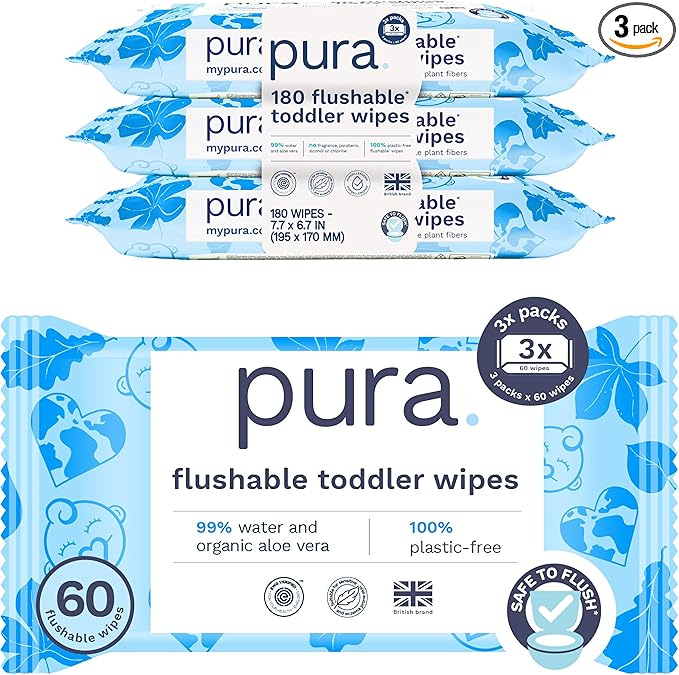Pura Flushable Toddler Wipes 3 x 60 Wipes (180 Wipes), 100% Plastic Free, 99% Water, Hypoallergenic & Fragrance Free, Totally Chlorine Free, Kids Toilet Wipes, Potty Training