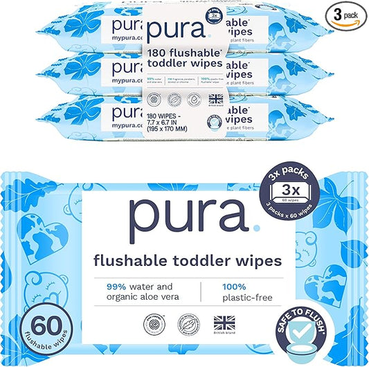 Pura Flushable Toddler Wipes 3 x 60 Wipes (180 Wipes), 100% Plastic Free, 99% Water, Hypoallergenic & Fragrance Free, Totally Chlorine Free, Kids Toilet Wipes, Potty Training