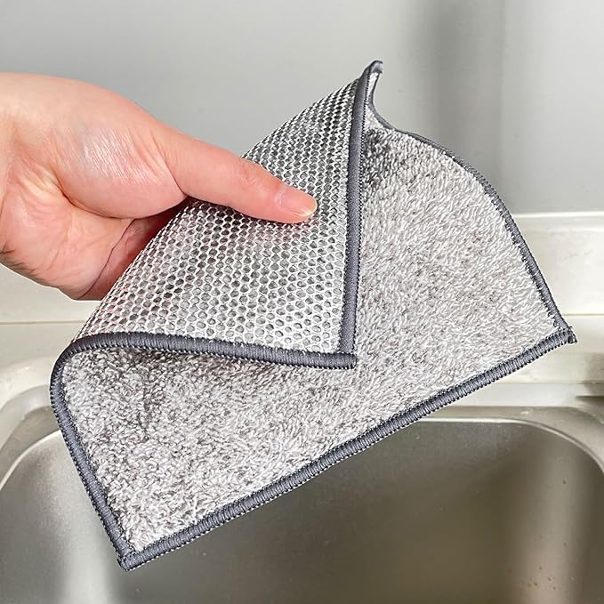 6 Pcs New Upgrade 2-Layer Non Scratch Wire Dishcloth，Super Absorbent Bamboo Charcoal Dish Cloths，Multipurpose Wire Dishwashing Rags for Wet and Dry，Wire Washing Cloth for Dishes, Stove Tops