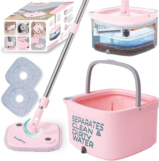 True & Tidy® True Clean Mop and Bucket System, Includes Square Spin, Dual Compartment Mop Bucket and 2 Thick Machine Washable Pads New Upgraded with Side Brush & Self Standing Handle, Rose