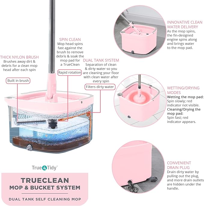 True & Tidy® True Clean Mop and Bucket System, Includes Square Spin, Dual Compartment Mop Bucket and 2 Thick Machine Washable Pads New Upgraded with Side Brush & Self Standing Handle, Rose