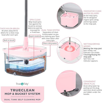 True & Tidy® True Clean Mop and Bucket System, Includes Square Spin, Dual Compartment Mop Bucket and 2 Thick Machine Washable Pads New Upgraded with Side Brush & Self Standing Handle, Rose