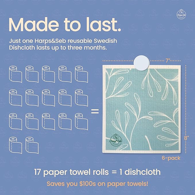 Harps&Seb Swedish Dishcloths for Kitchen - 6 Pack, Reusable Paper Towels with Clips, Super Absorbent Washable Non-Scratch Swedish Dish Towels, No Odor, Biodegradable