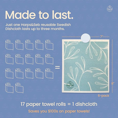 Harps&Seb Swedish Dishcloths for Kitchen - 6 Pack, Reusable Paper Towels with Clips, Super Absorbent Washable Non-Scratch Swedish Dish Towels, No Odor, Biodegradable