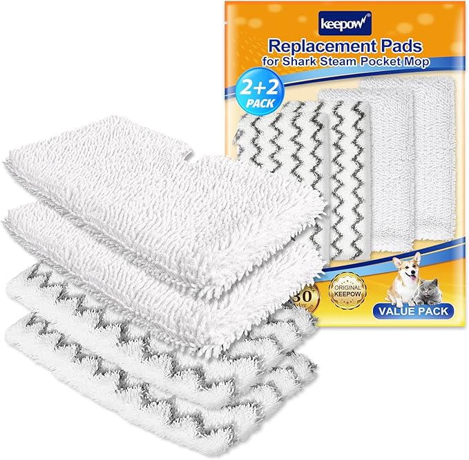 KEEPOW Steam Mop Pads Replacement Compatible with Shark S3500 Series S3501 S3601 S3550 S3901 SE450 S3801CO S3601D S2901 Steamer Pocket Mop Washable Microfiber for Floors Cleaner, 2+2 Pack