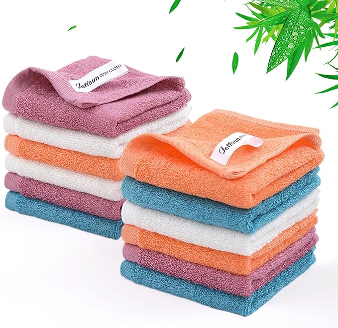 JEFFSUN Dish Cloths 12 Pack, 10x14 inch Small Kitchen Washcloths, Lint Free Fast Dry Reusable Cleaning Cloth, Ultra Soft & Scratch Free Terry Dish Rag, Easy to Rinse Multicolor Dishcloths