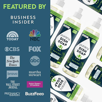 Puracy Natural Dish Soap - Unscented Skin-Softening Plant-Based Dishwashing Soap, Non-Toxic Dish Soap, Fragance Free Organic Liquid Dishwashing Detergent Soap (Free & Clear, 16 fl oz, 3 Pack)