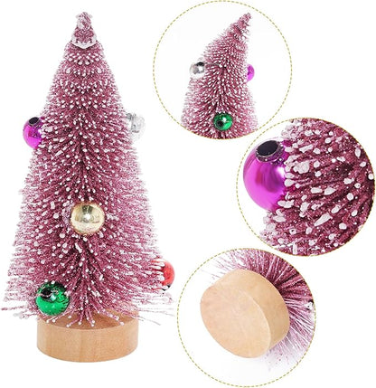 Yookat 12Pcs Mini Christmas Trees Small Sisal Trees Mini Pine Trees with Wood Base Mini Bottle Brush Trees Artificial Mini Christmas Trees Assorted Color for Christmas Winter Decoration (Pink)