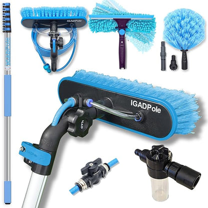 24ft IGADPole Washing Kit: Water-fed Brush, Cobweb Duster and 10” Squeegee and Soap Dispenser, with 6-Stage Telescoping Pole 5-24ft Pole
