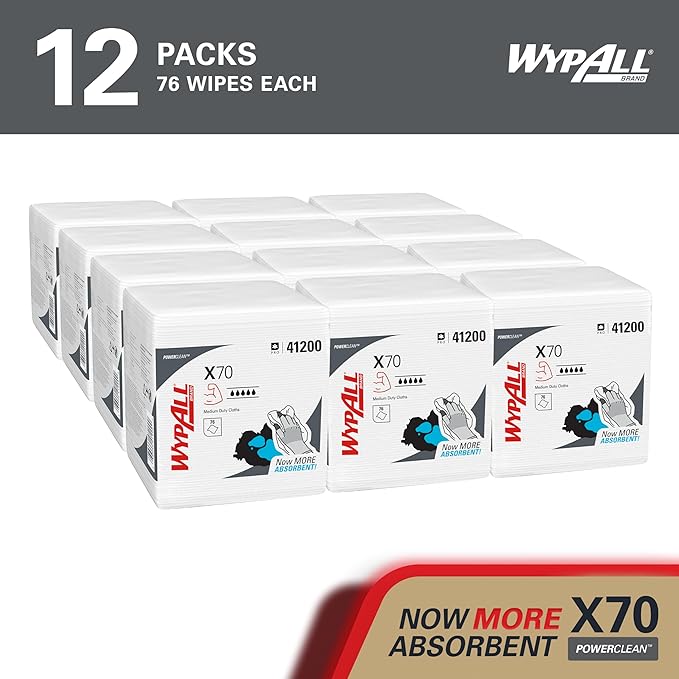 WypAll PowerClean X70 Cloths Medium Duty Wipes (41200), Quarterfold, Long Lasting Towels, White (12 Packs of 76 Sheets, 912 Sheet Total)