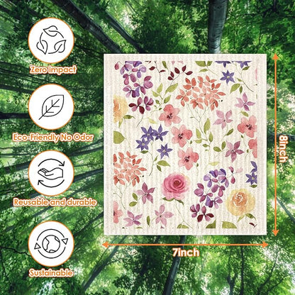 Morigins Floral Swedish Dish Cloths - 6 Pack Reusable Compostable Kitchen Cloth,Cellulose Sponge Dish Cloths Dish Towel Set