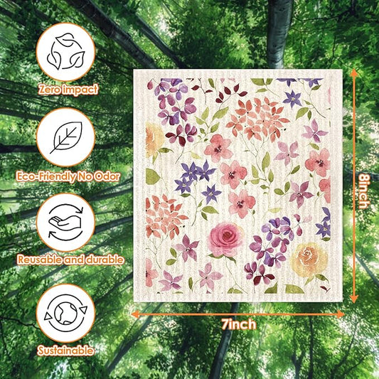 Morigins Floral Swedish Dish Cloths - 6 Pack Reusable Compostable Kitchen Cloth,Cellulose Sponge Dish Cloths Dish Towel Set
