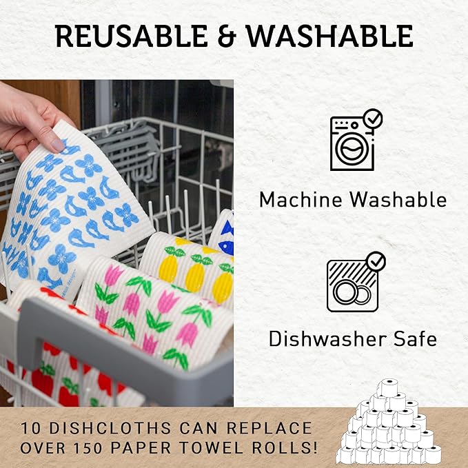 Nordhus Design Swedish Dishcloths, 10 Reusable Paper Towels, Made in Sweden - Reusable, Washable Cellulose Cotton Kitchen Cloths - Biodegradable, Absorbent & Quick Drying