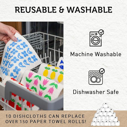Nordhus Design Swedish Dishcloths, 10 Reusable Paper Towels, Made in Sweden - Reusable, Washable Cellulose Cotton Kitchen Cloths - Biodegradable, Absorbent & Quick Drying