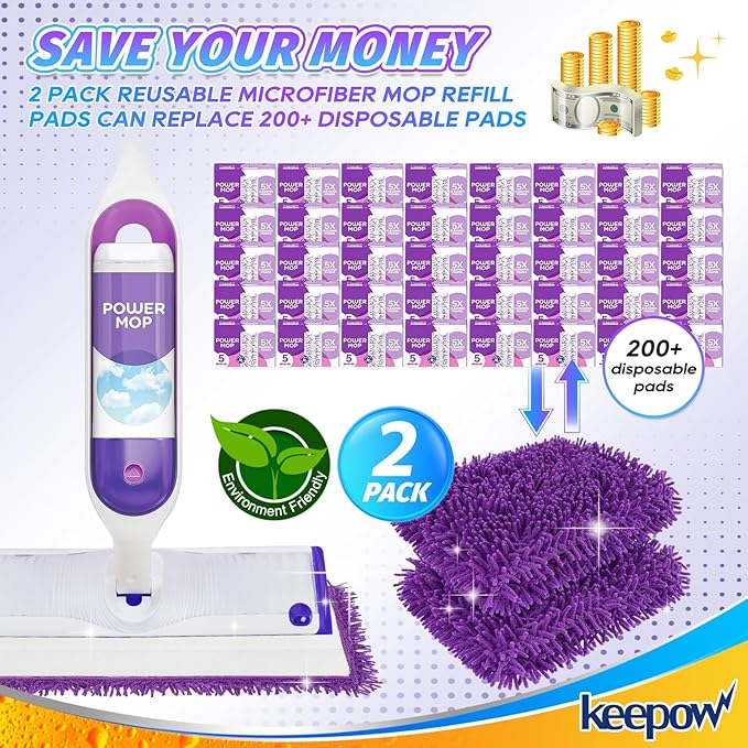 KEEPOW Reusable Power Mop Refill Pads Compatible with Swiffer PowerMop, Microfiber Power Mop Refills, Power Mop Pads for Hardwood Floor Cleaning, 2 Pack (Mop is Not Included)