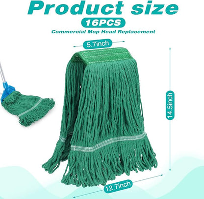 Roshtia 16 Pack Commercial Mop Head Replacements Looped End Wet Heavy Duty Mop Heads Cotton String Mops Industrial Cleaning Refills for Commercial Industrial Home(Green)