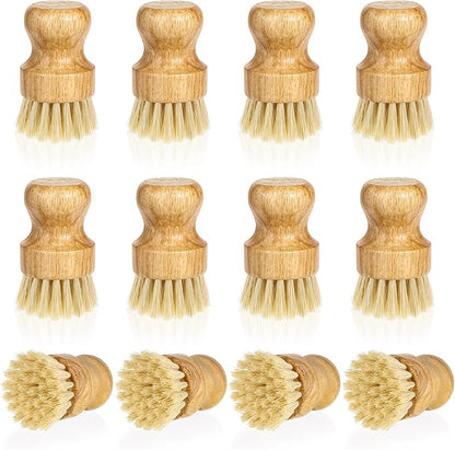 12 Pcs Bamboo Dish Scrub Brushes Kitchen Dishwashing Cleaning Brush Wooden Scrubbers Set Sisal Bristles Cleaner Scrubber for Washing Cast Iron Pan Pot Sink Spatula