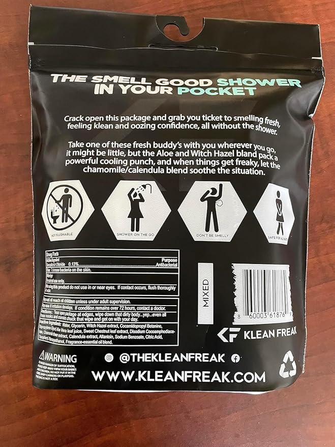 THE KLEAN FREAK FLUSHER - Flushable Wipes For Adults & Kids Unscented/Scented - 100% BIODEGRADABLE Individual Wrapped Travel WET Wipe for Toilet - Soothing Aloe & Witch Hazel - Alcohol Free 20 Pack