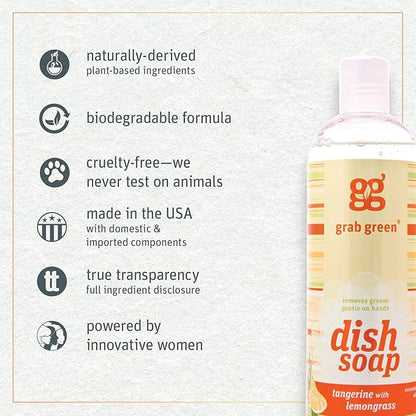 Grab Green Liquid Dish Soap, 16 Ounce (Pack of 3), Tangerine Lemongrass Scent, Biodegradable, Plant and Mineral Based, Removes Grease, Gentle on Hands