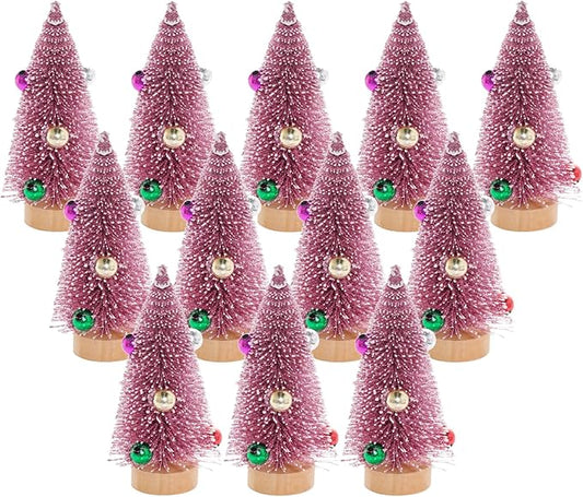 Yookat 12Pcs Mini Christmas Trees Small Sisal Trees Mini Pine Trees with Wood Base Mini Bottle Brush Trees Artificial Mini Christmas Trees Assorted Color for Christmas Winter Decoration (Pink)