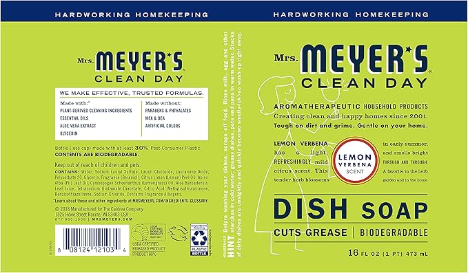 MRS. MEYER'S CLEAN DAY Dish Soap Lemon Verbena, 16 Fl. Oz. (Pack of 3)